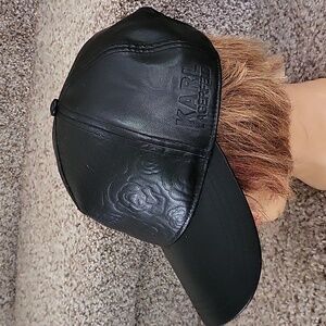Karl Lagerfeld black faux leather floral baseball cap hat